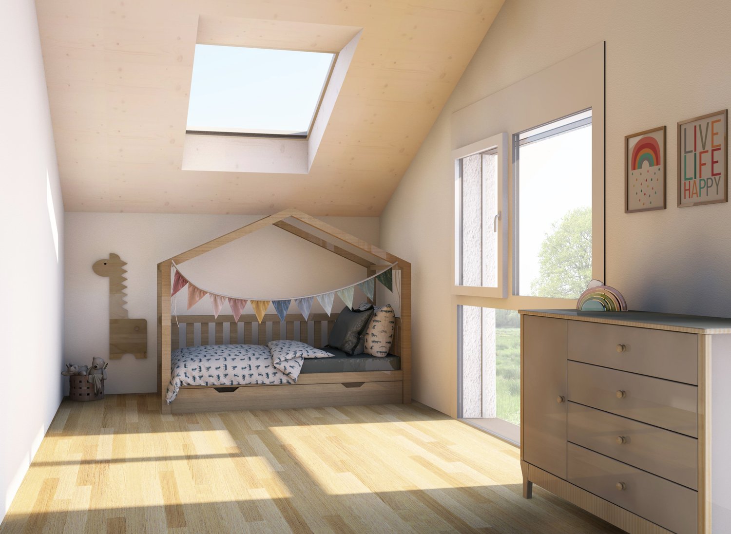 Spacious attic bedroom with slanted ceiling, large skylight, wooden house-shaped bed frame with colorful bunting, wooden dresser, and framed artwork on the walls