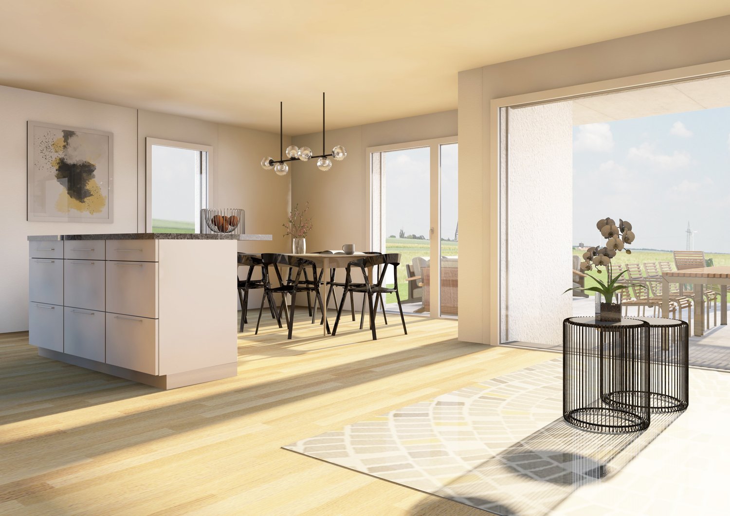 Spacious open-plan living and dining area with large windows offering a scenic view. The room features hardwood floors, a modern chandelier, a kitchen island, and a dining table with chairs. There is also a decorative birdcage and potted plant adding to t