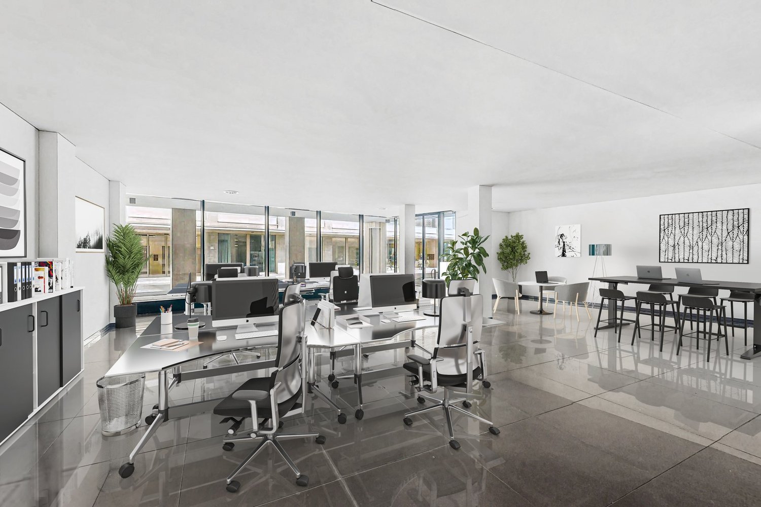 modern office with large windows and views of the outside, glass doors, desks, office chairs, laptops, tables, chairs, plants