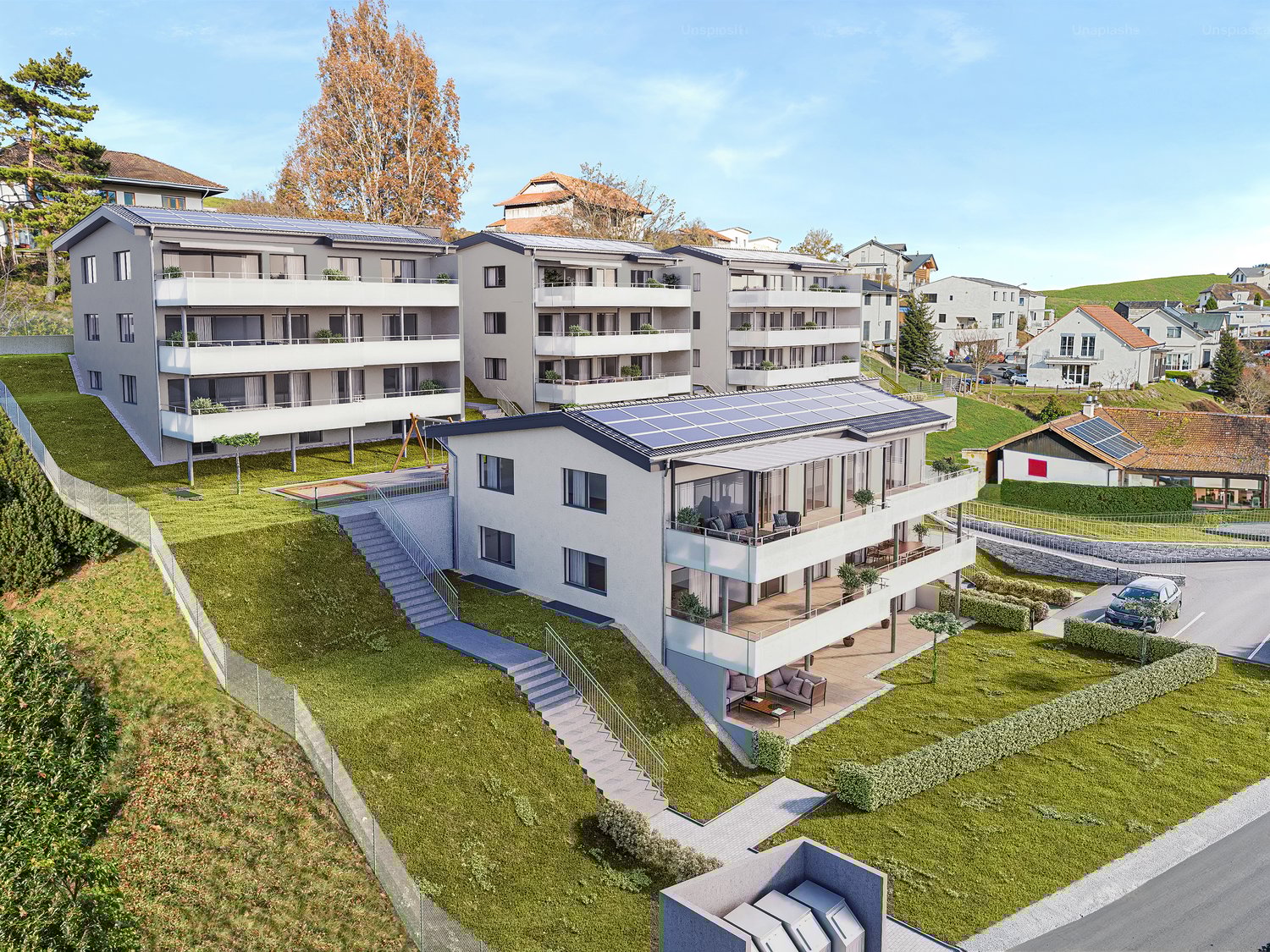 Apartment building, 2 buildings, modern design, solar panels, balconies, parking area, surrounding greenery, hillside