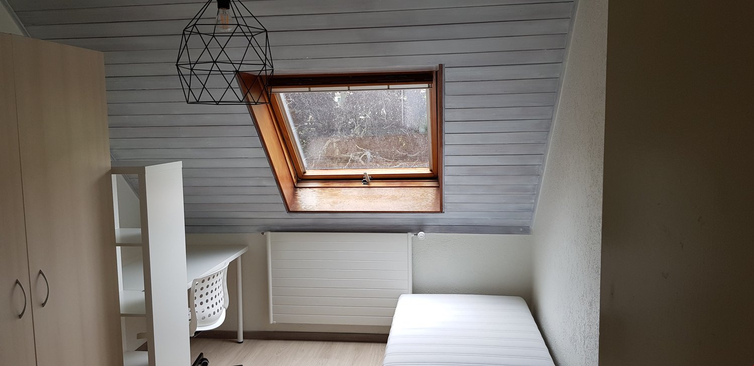 Bedroom with gray wood paneled walls, a large window with a wooden frame, a white shelving unit, and a geometric pendant light fixture.
