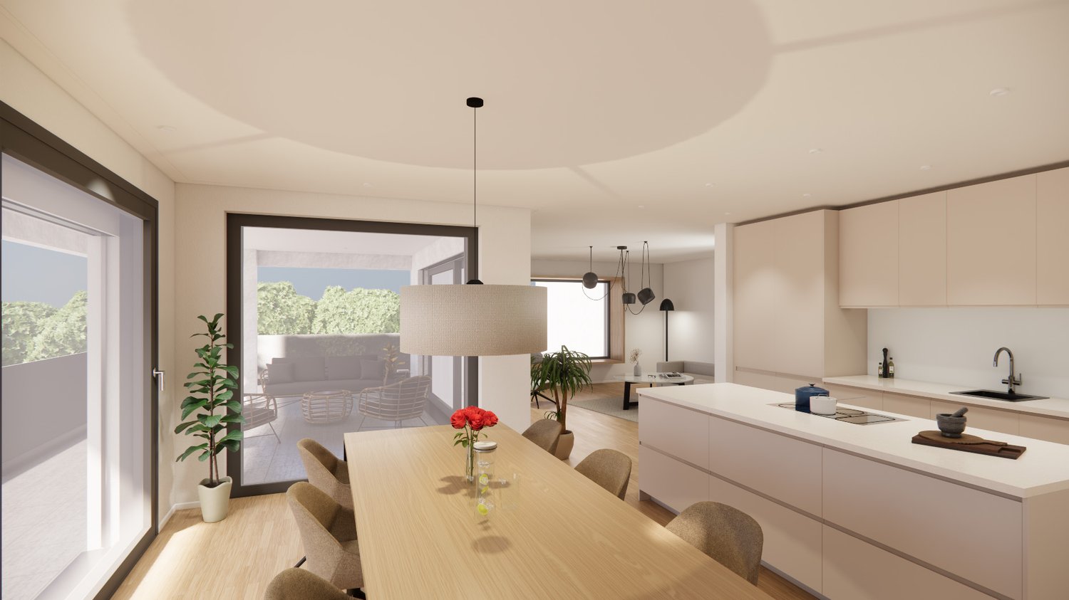 dining area, wooden table, chairs, large windows, sliding glass door