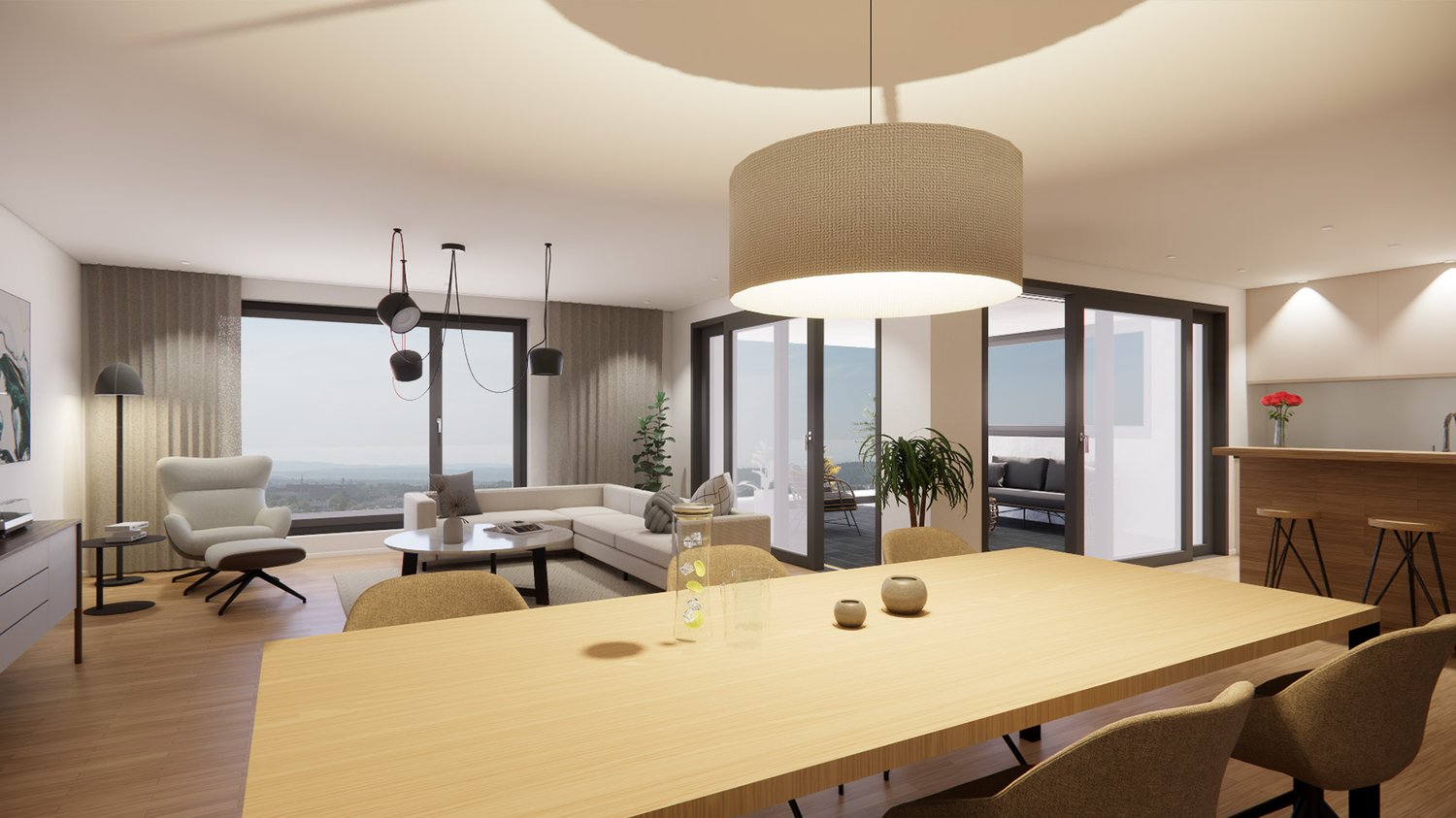 Open plan living room with dining area, sliding doors, floor to ceiling windows, and view of the city.