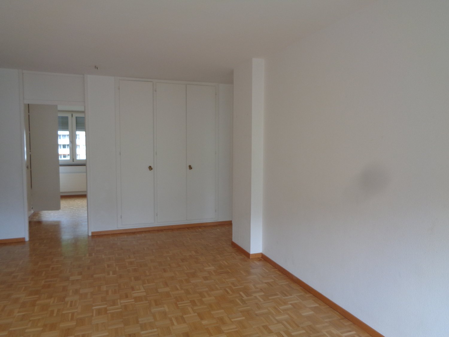 Spacious bedroom with white walls, hardwood flooring, and built-in closets along the wall.