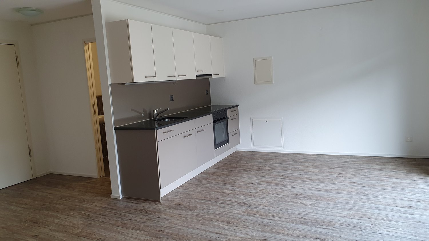 Open-concept studio apartment with white walls, hardwood-style flooring, and a modern kitchen with white cabinets, a black countertop, and a built-in dishwasher.