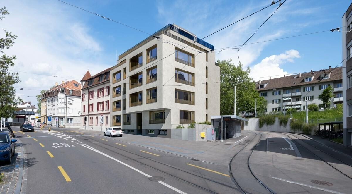 Multistory residential building, modern design, several windows, elevated ground floor, street tram tracks, bus stop, trees, parked cars