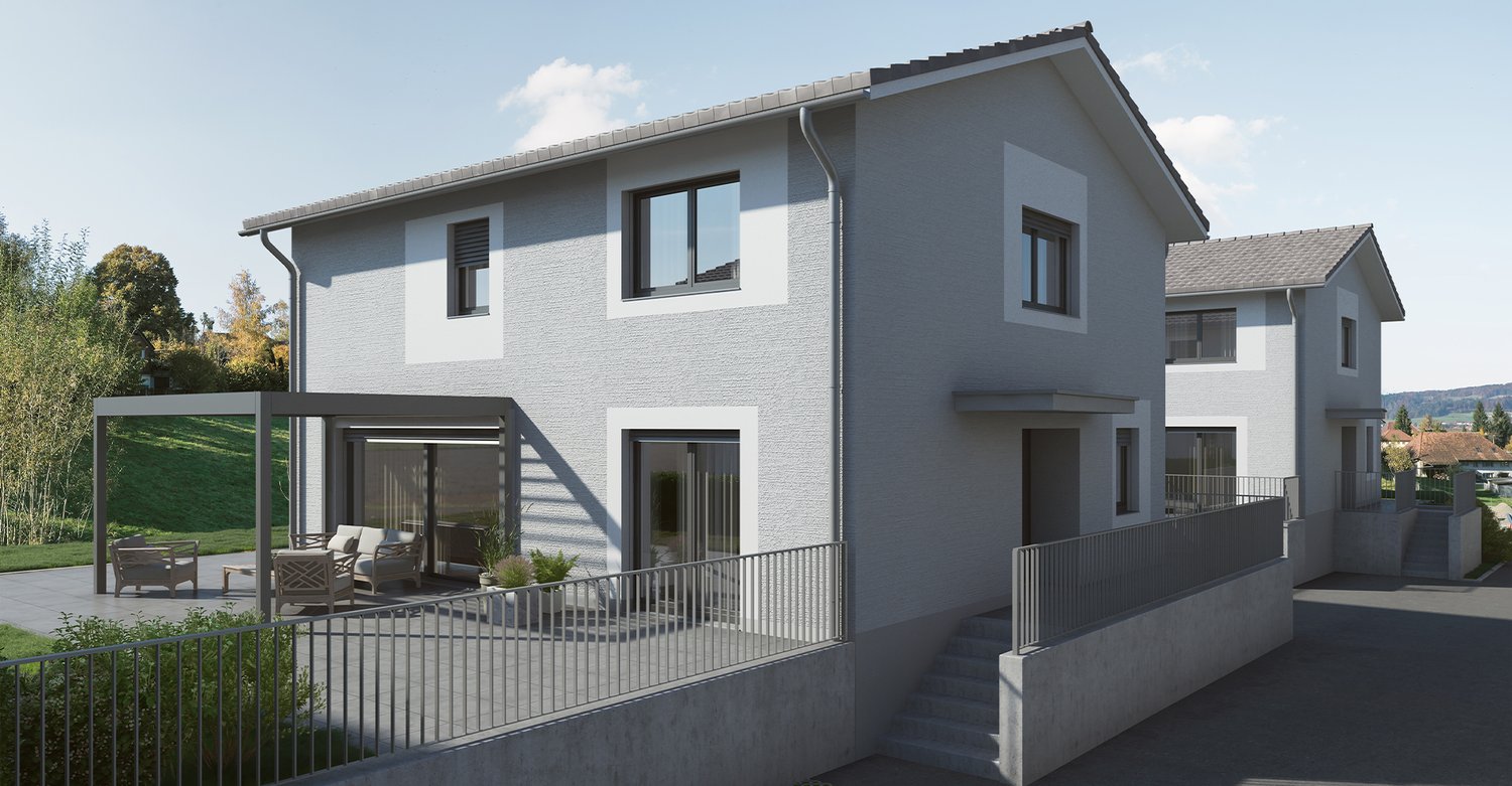 2-story modern house with gray exterior, large windows, balcony, and raised ground floor