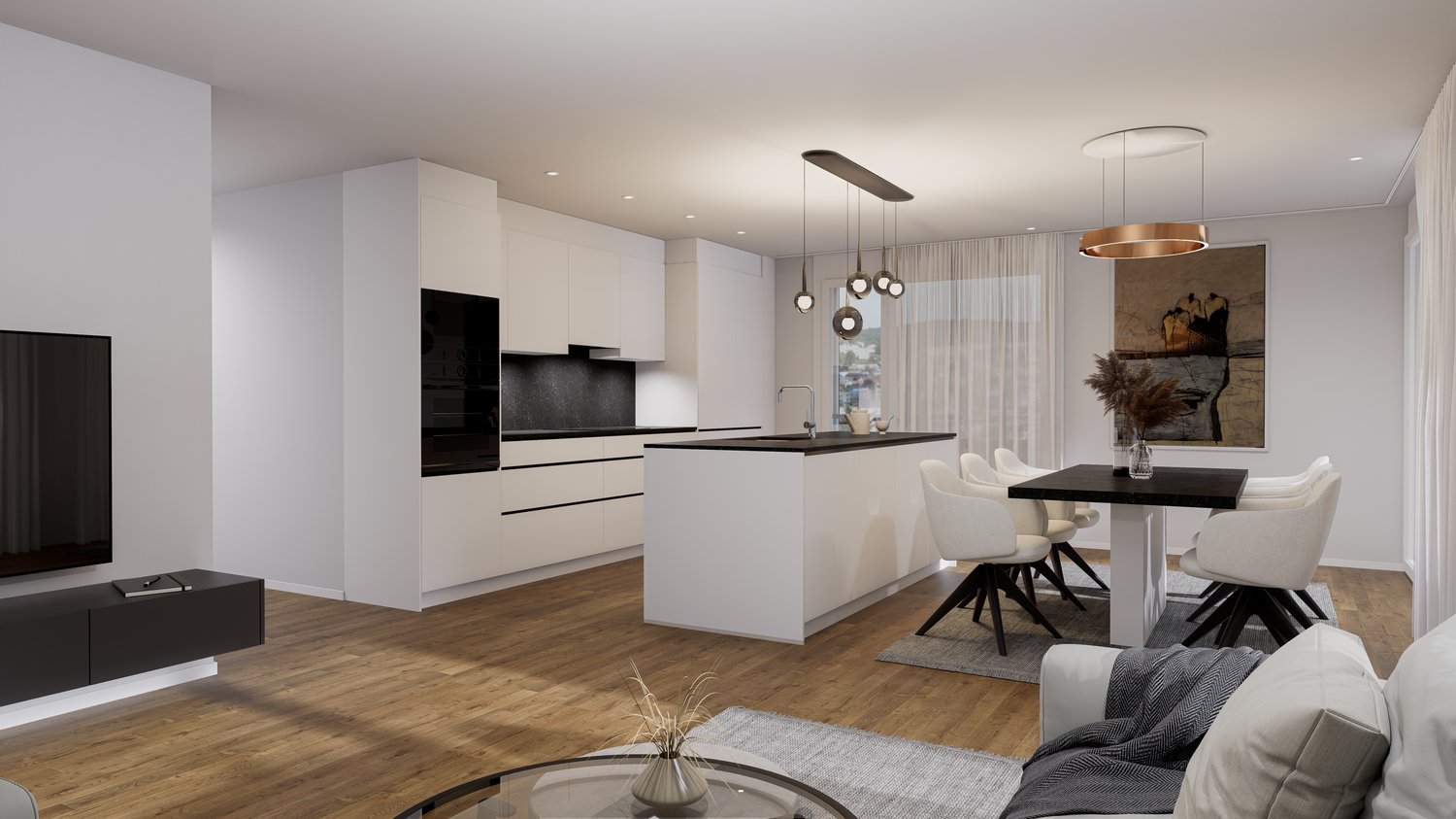 large open space, kitchen with island and black appliances, living room with grey sofa, glass coffee table, dining table, tv