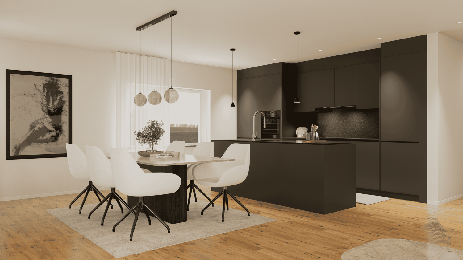 The image shows a modern, open-concept kitchen and dining area. The kitchen features dark, minimalist cabinets and a sleek black countertop. A dishwasher is visible in the kitchen. The dining area has a wooden table with white chairs, and pendant lights h