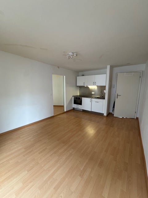 Open layout with hardwood floors, white walls, kitchen with oven, white cabinets, and a closed door.