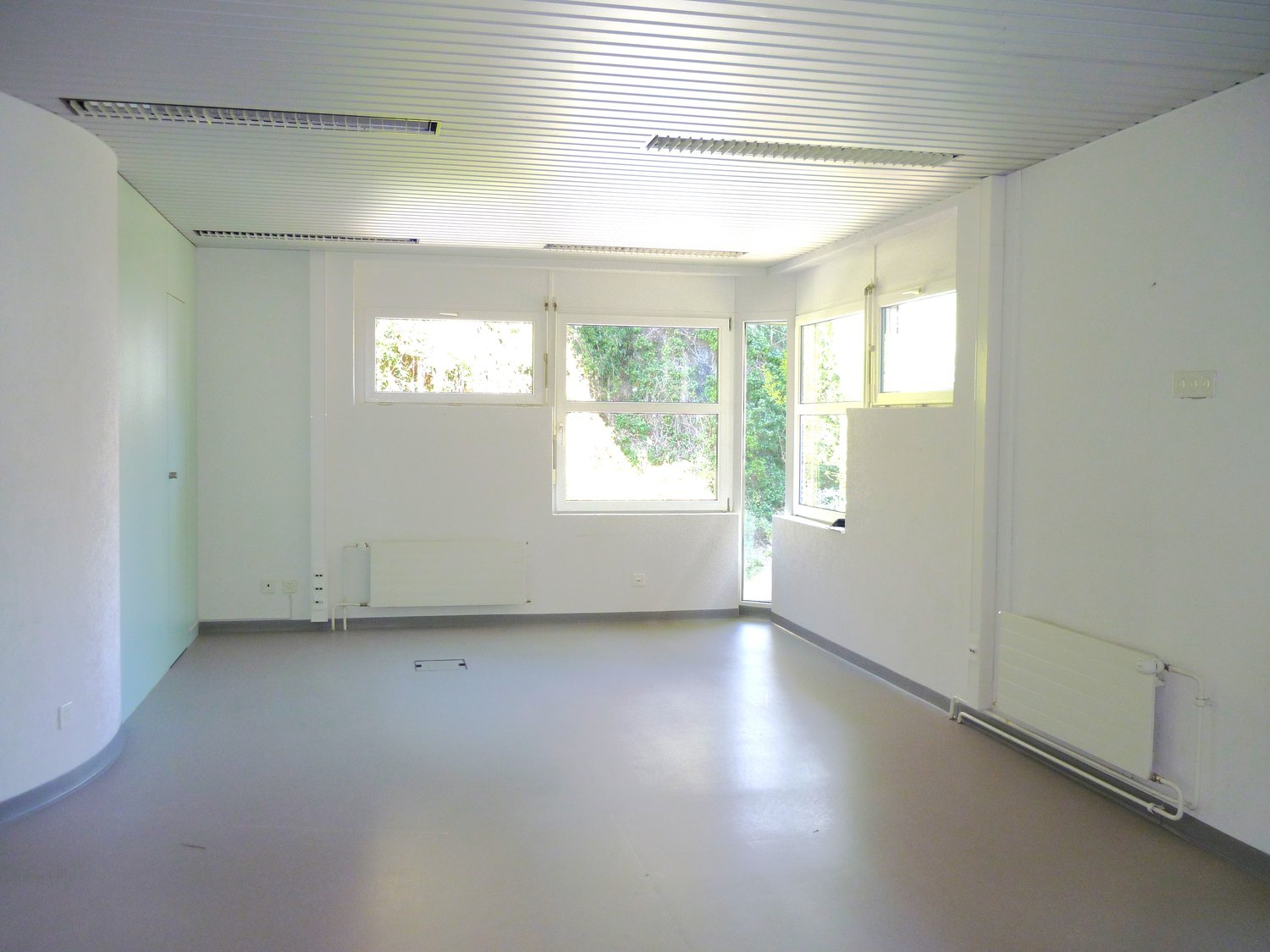 empty room, white walls, white ceiling, white floor, windows, radiators