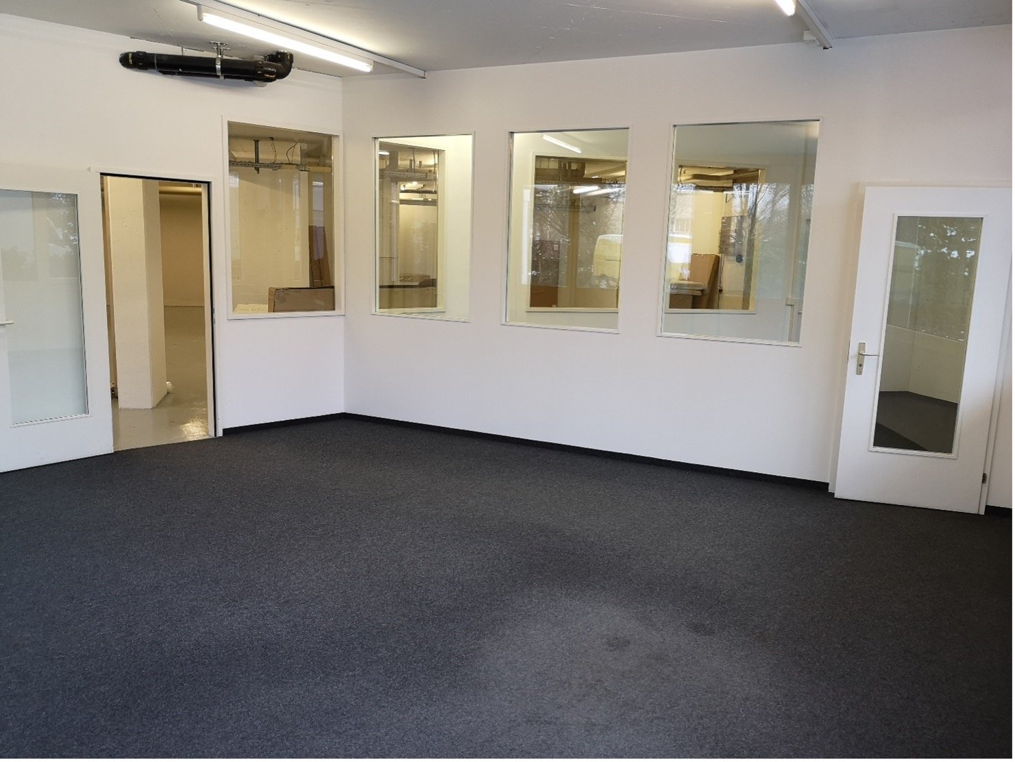 empty room with two entrances, windows, carpet, bright fluorescent lighting