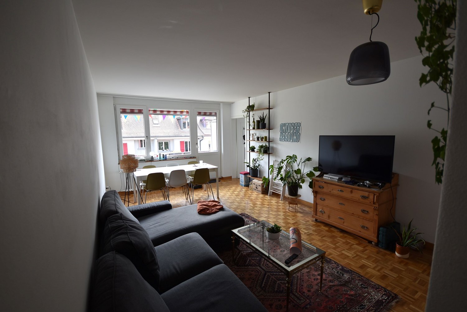 large sofa, dining table with 6 chairs, shelves with plants, TV with media console, wooden floor