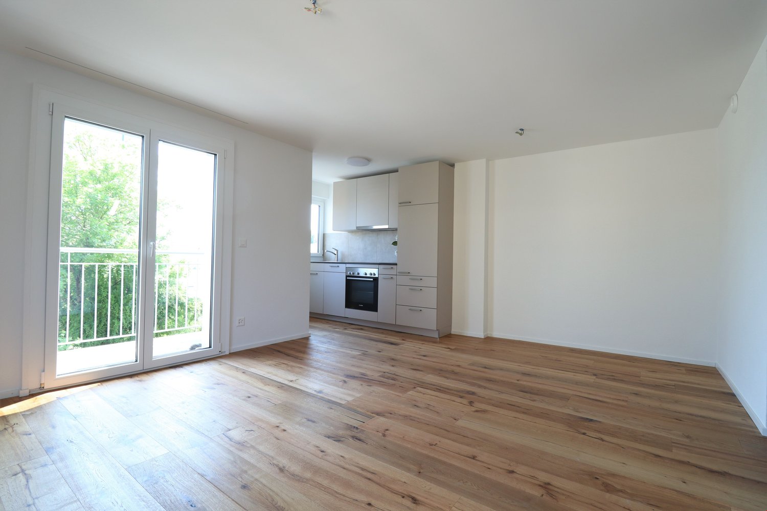 modern kitchen with sliding door to balcony, integrated stove and sink, kitchen cabinets