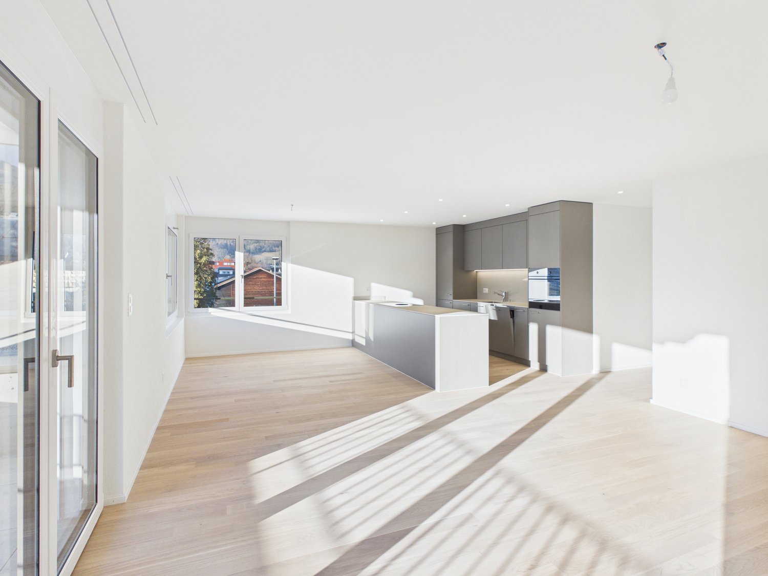 open plan living room and kitchen, large windows, balcony, hardwood floor, gray cabinetry
