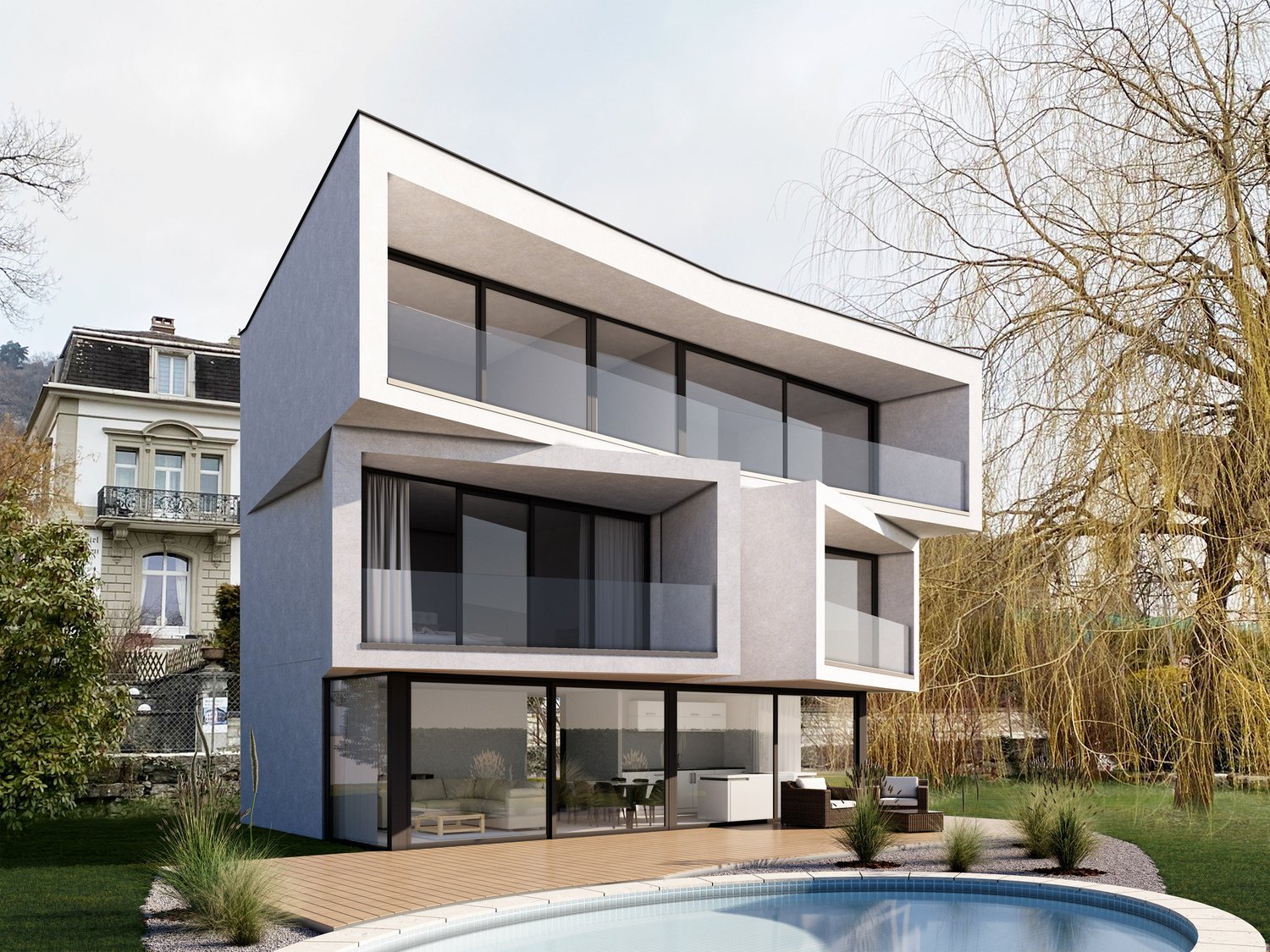 Modern two-story house with a flat roof, large windows, and a swimming pool in the backyard. The house has a balcony or terrace on the upper level.