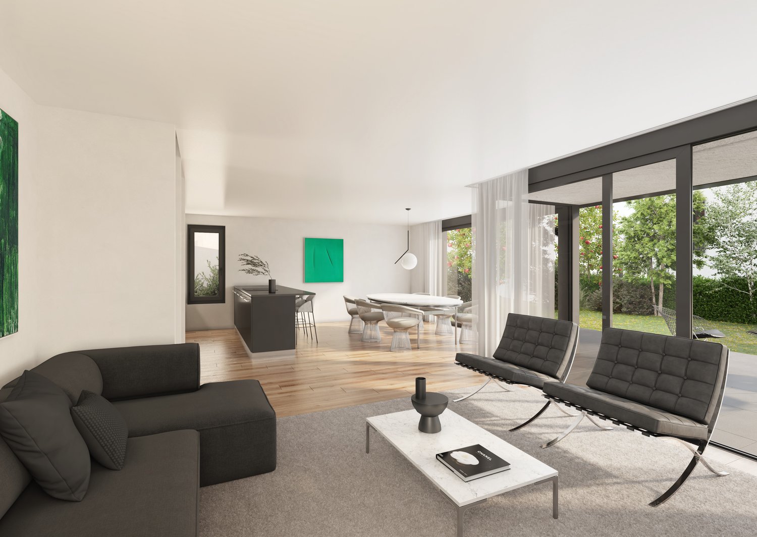 large living area with dining area, large glass doors leading to terrace, modern furnishings