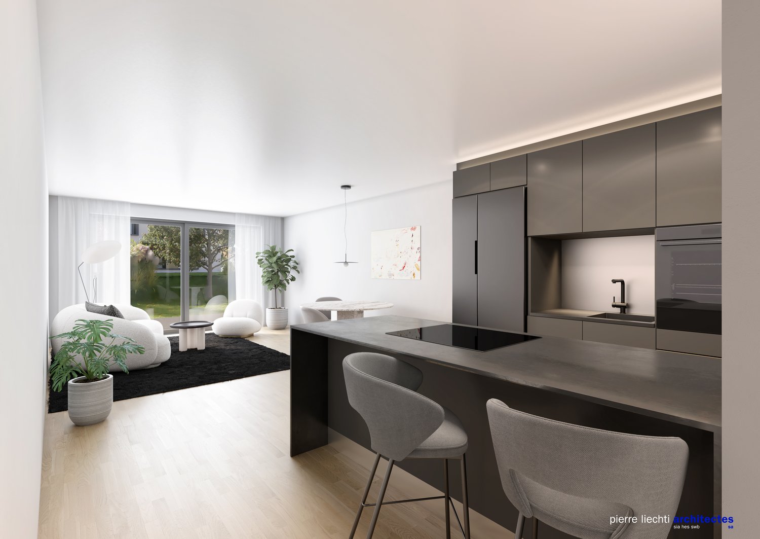Spacious open-plan living area with large windows overlooking a garden, modern kitchen with black cabinets and countertops, dining area with stools, white furniture and decor, and a potted plant.
