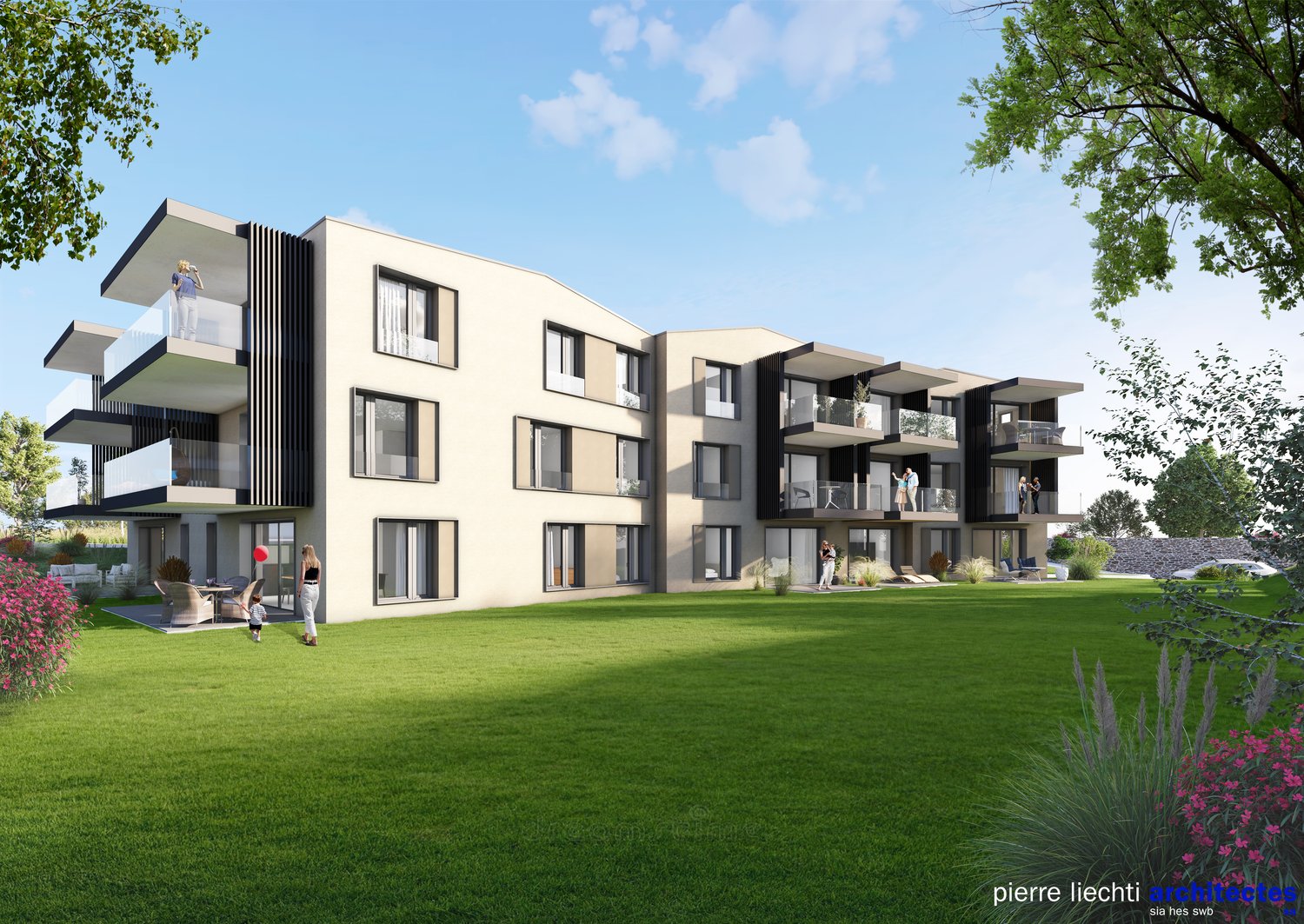 3-story modern apartment building with clean, minimalist design, large windows, and balconies. The building is surrounded by a well-manicured lawn and landscaping.