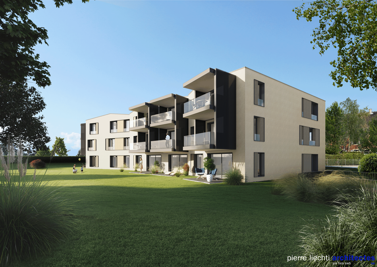 3-story modern apartment building with clean, geometric design, balconies, and large windows. The building is surrounded by a well-manicured lawn and landscaping.