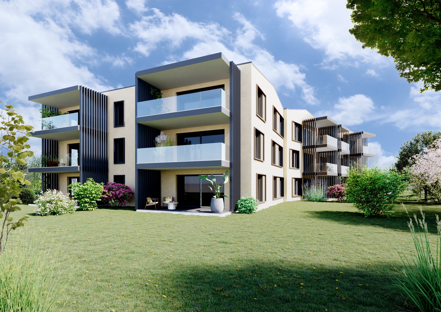 Modern apartment building with multiple balconies, beige exterior, large windows, surrounded by greenery