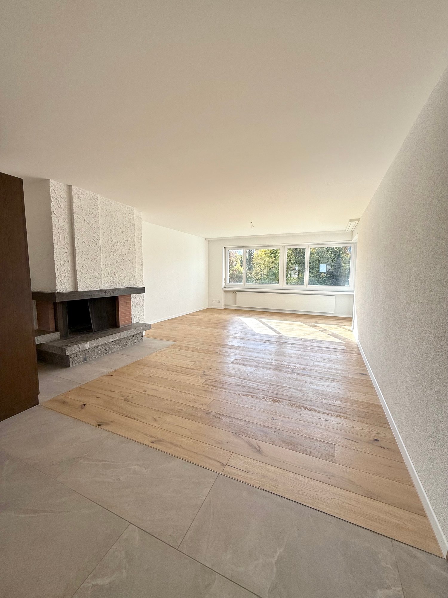 Empty room, fireplace, wooden floor, windows, heater below windows