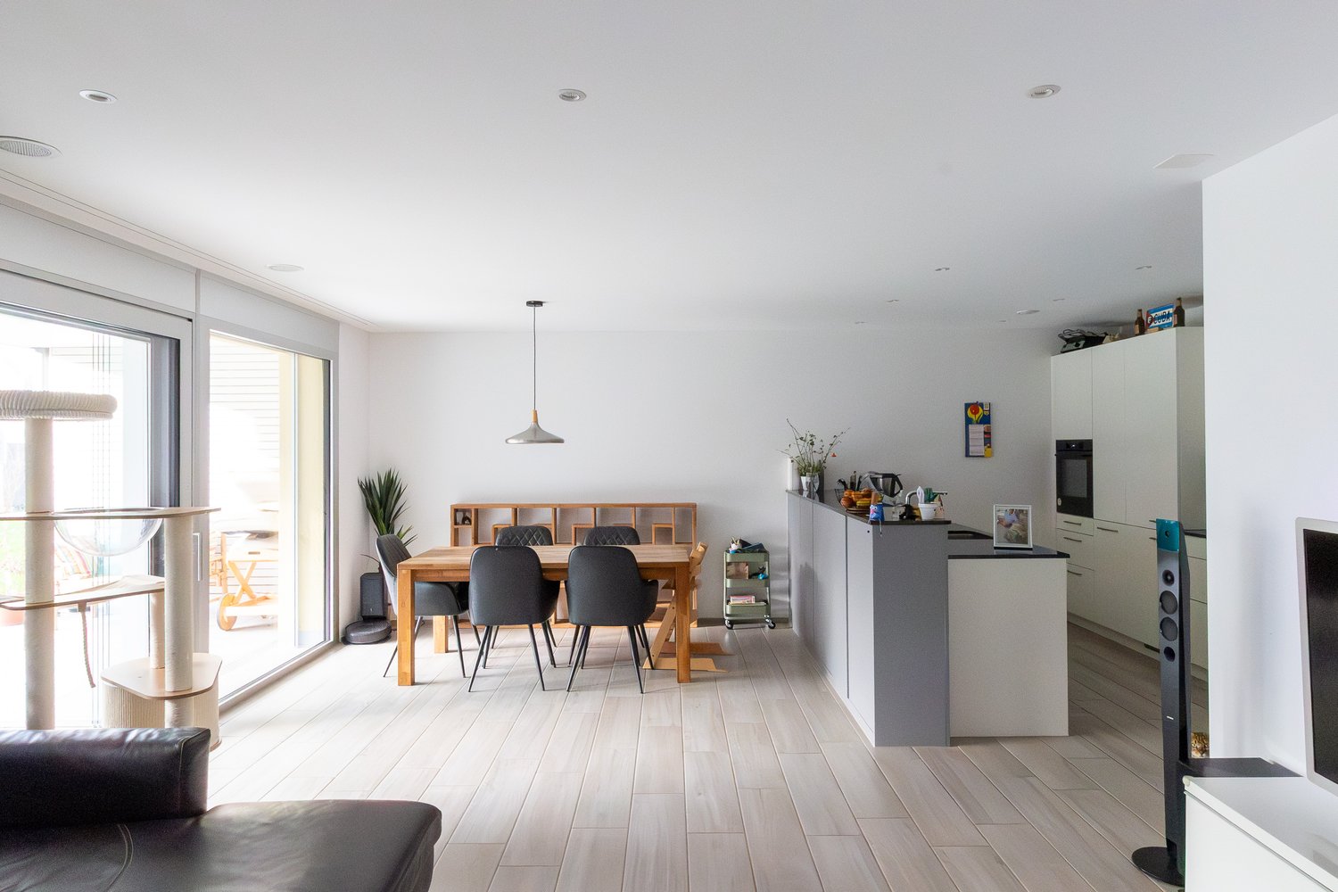 modern interior, dining table, chairs, kitchen island, white cabinets, white flooring, sliding glass door, cat tree, television