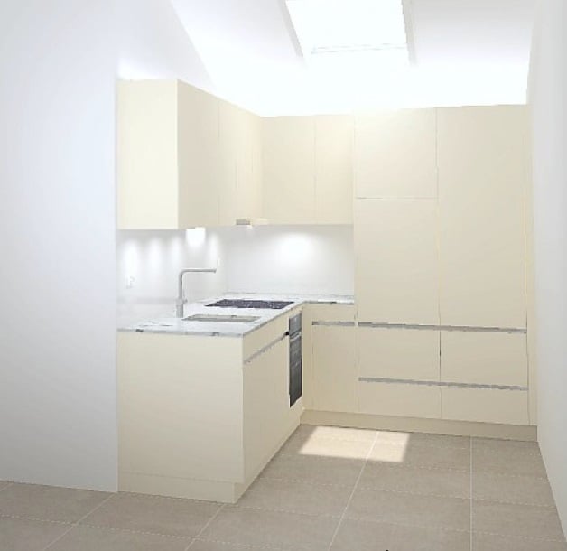 kitchen area, light color scheme, modern style, sink, countertop, cabinets