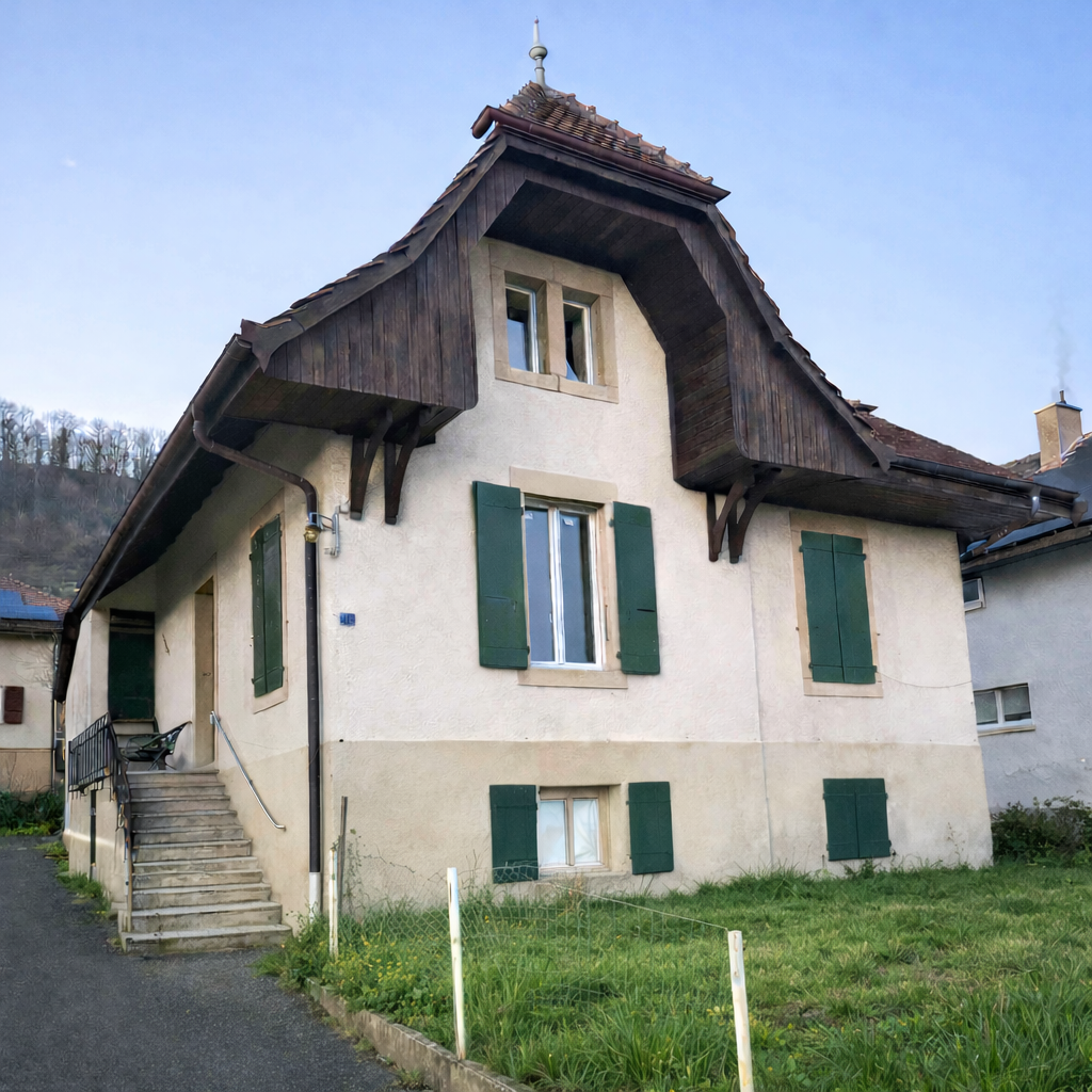 2 story house, green shutters, gable roof, wooden eaves, pathway, driveway