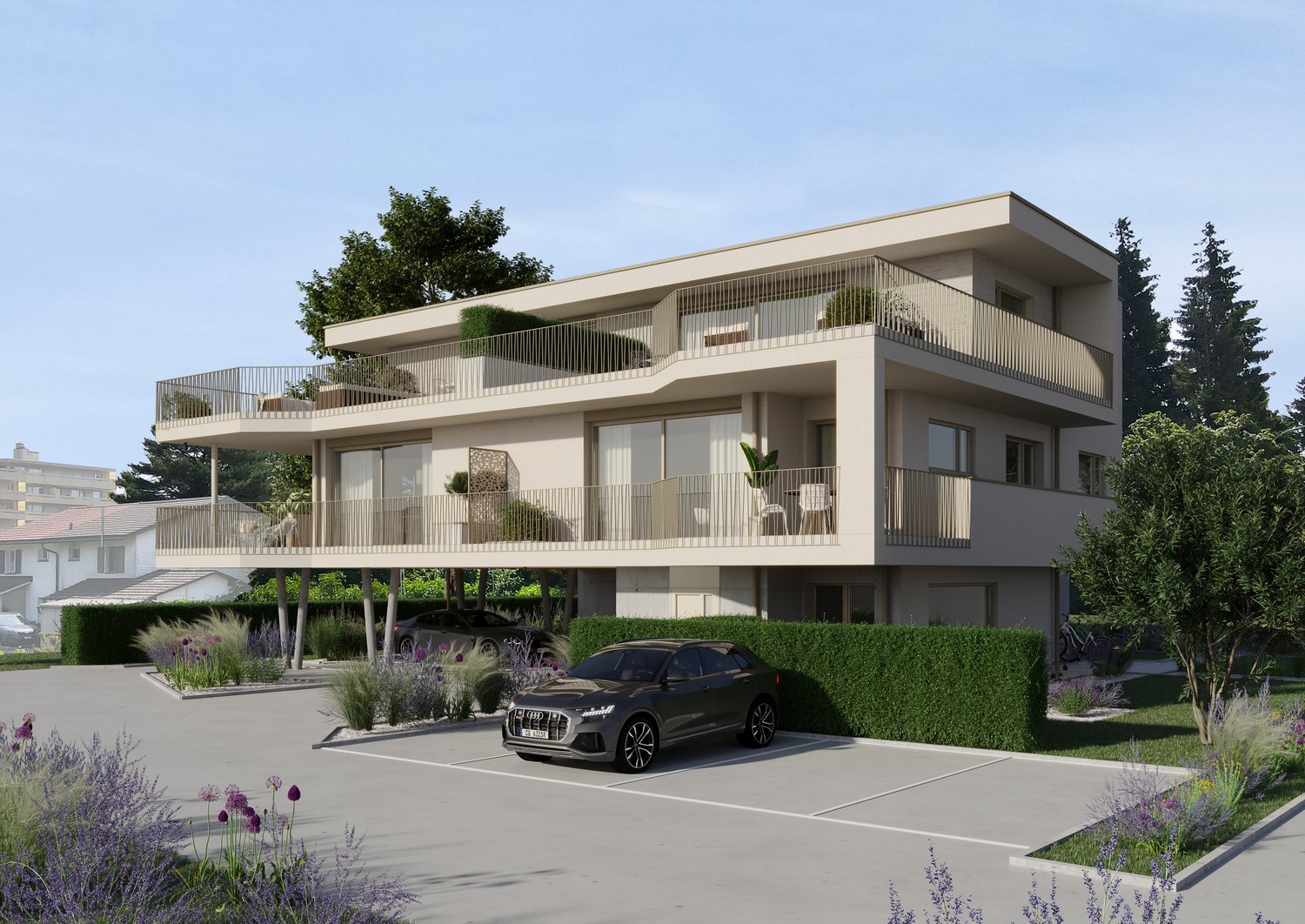 3-story modern apartment building with balconies, surrounded by landscaped gardens and parking spaces