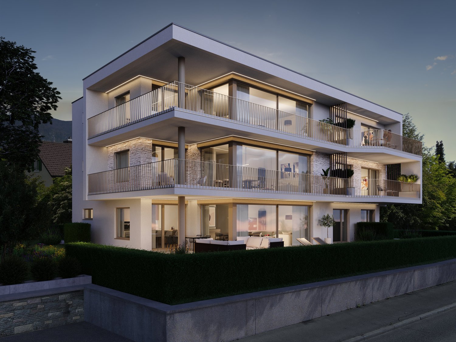 Three story modern house, white exterior, large glass windows, balconies, green garden, mountain view