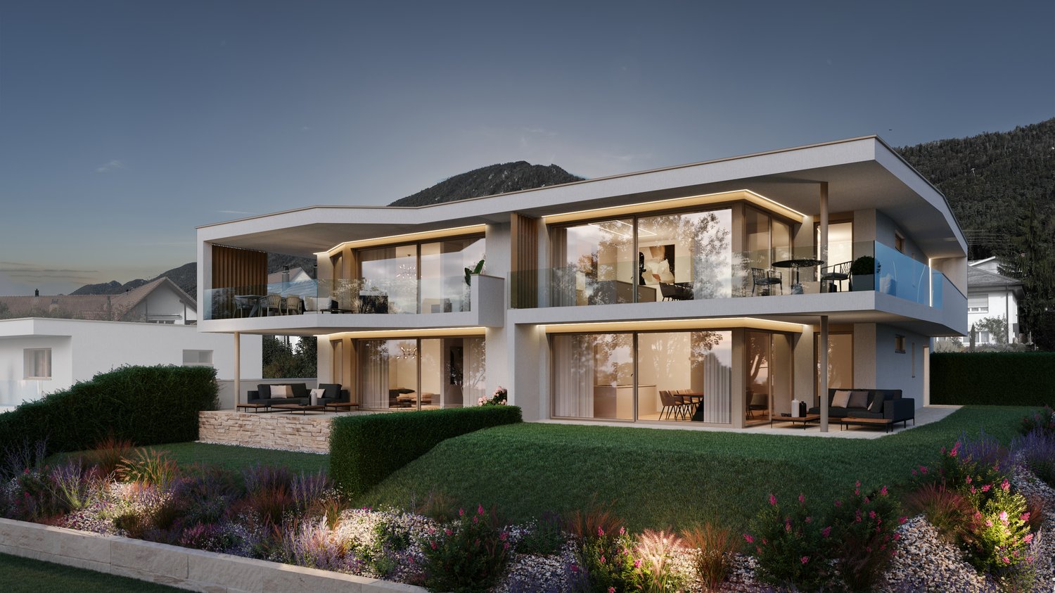 modern 2 story house, glass front, multiple balconies, green surroundings, mountain view