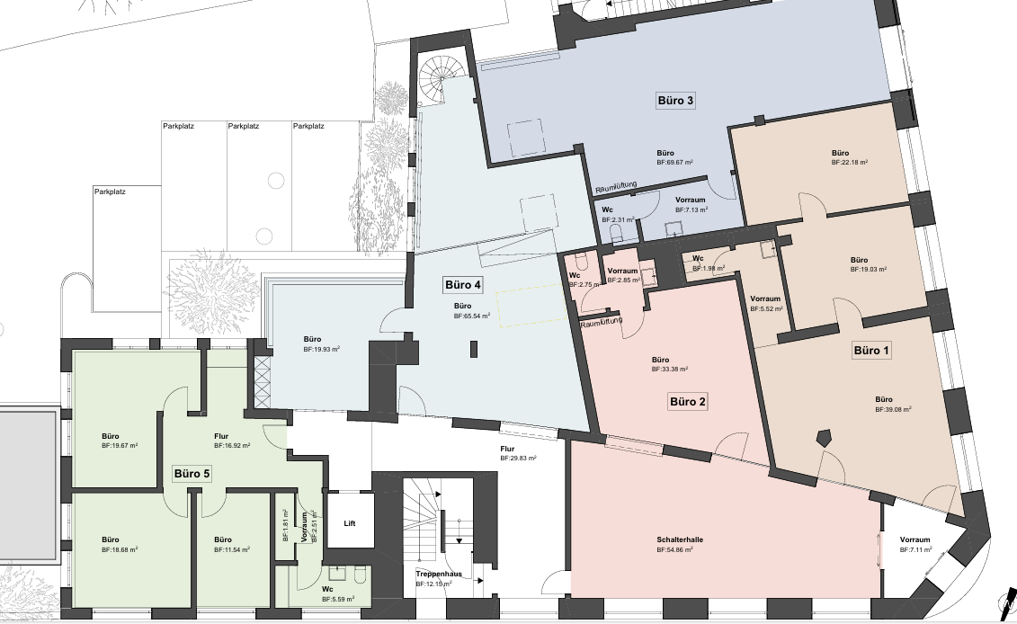 Five separate buildings labeled as Buro 1, Buro 2, Buro 3, Buro 4, and Buro 5, with varying floor areas ranging from approximately 19.68 square meters to 66.87 square meters. Several marked parking spaces around the perimeter of the plan.