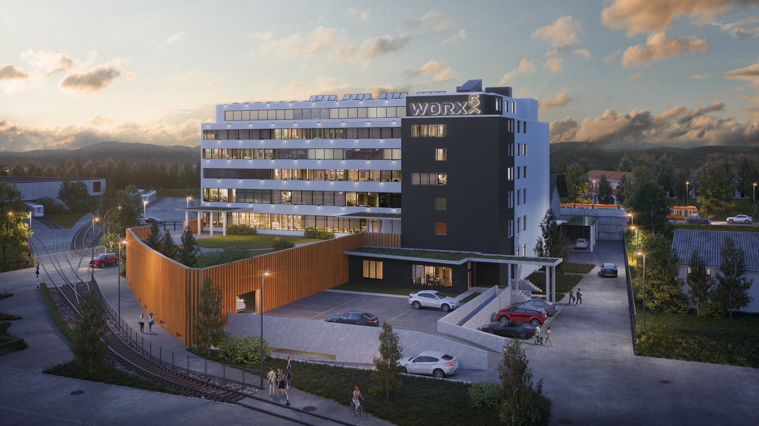 Contemporary design hotel, multiple floors, underground parking, outdoor terrace, public transport nearby, mountains in the background.