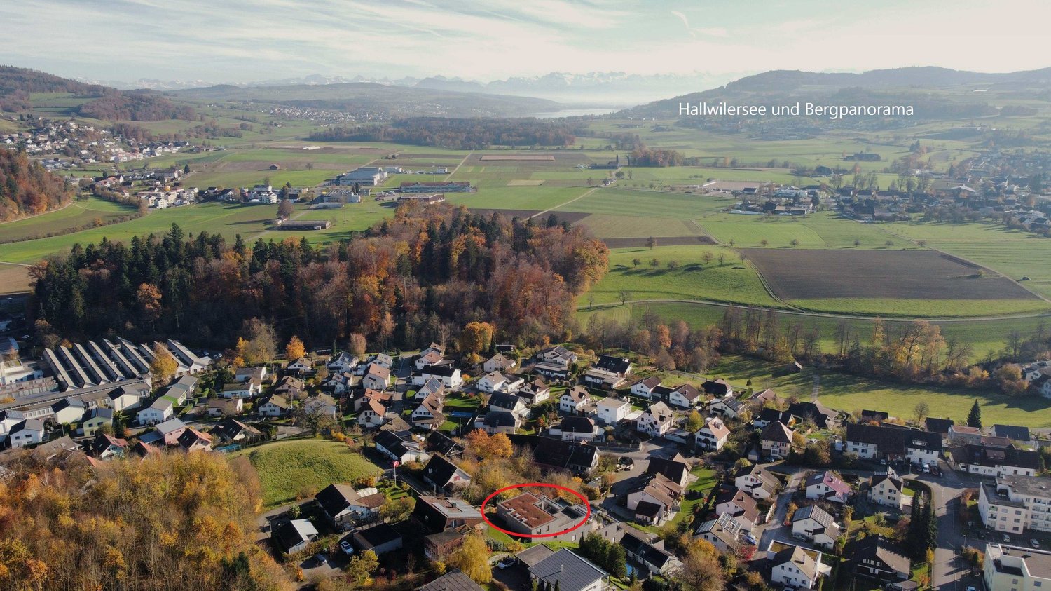 Neighborhood with many houses, small town, houses are close together, surrounded by green trees and fields, a house in the center is highlighted with a red circle