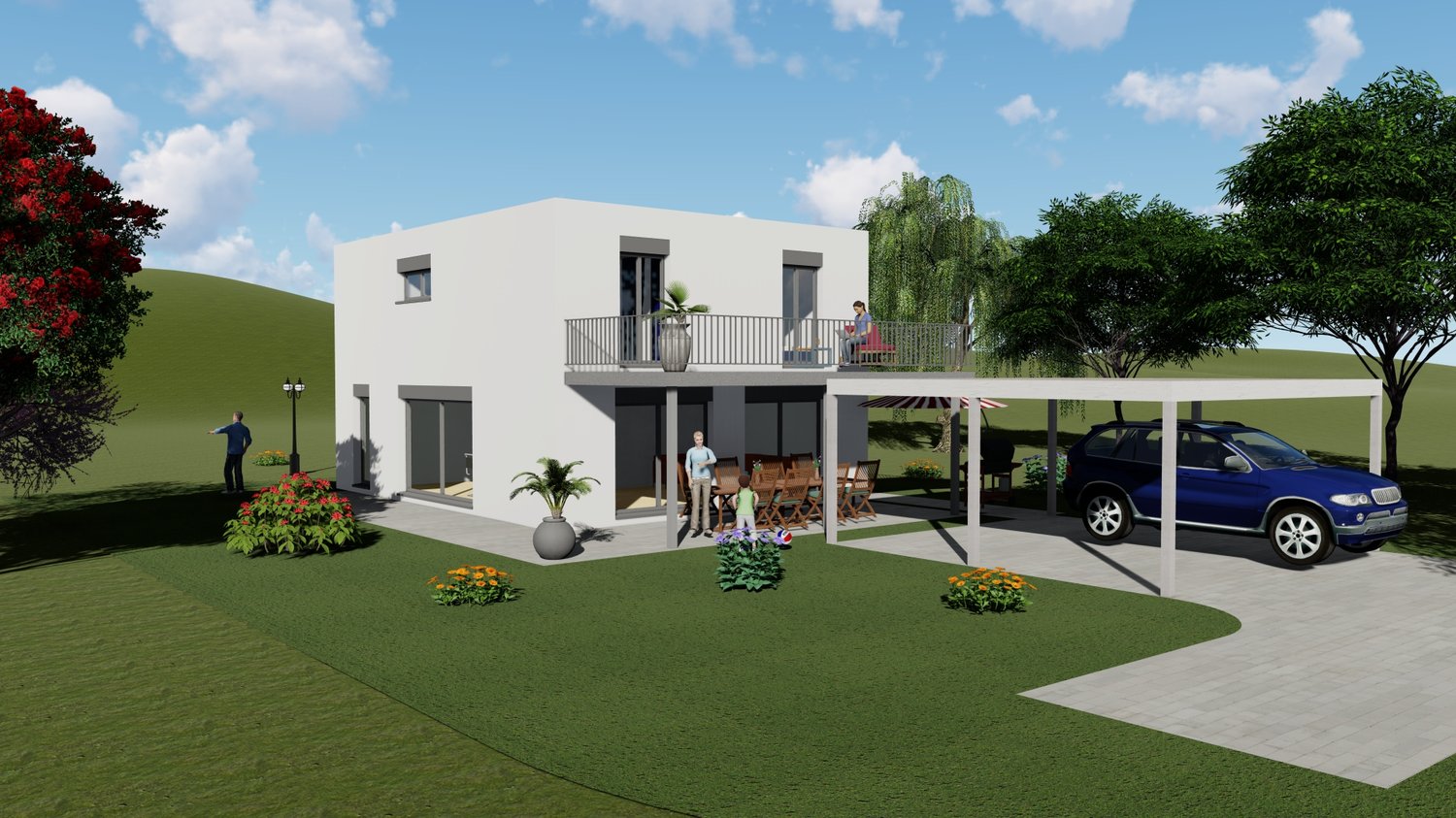 Modern two story house, large balcony, modern design, modern parking, garden