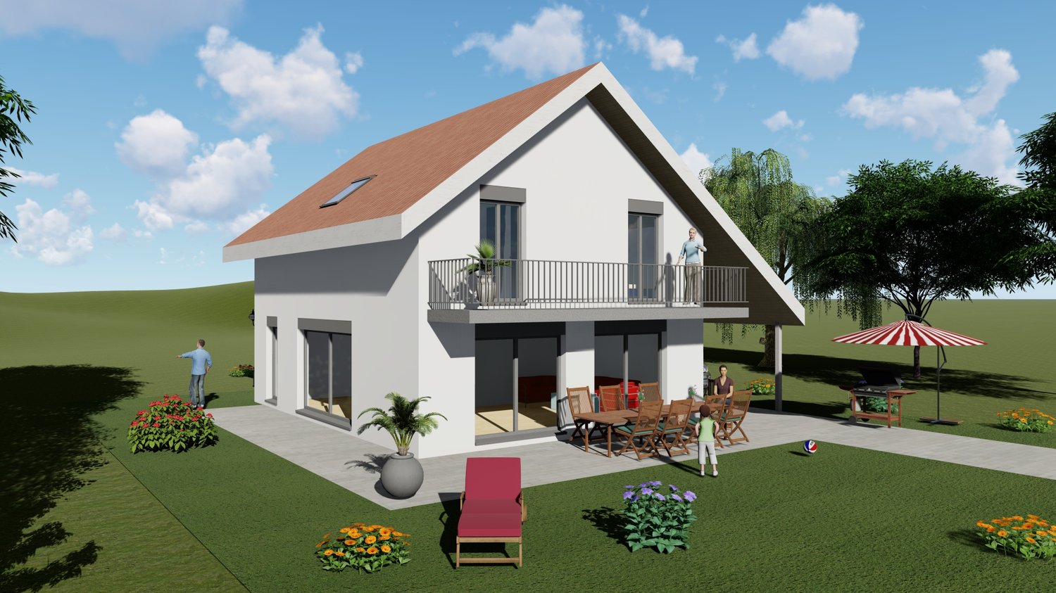 modern house, white walls, brown roof, balcony, patio, dining table, garden, view