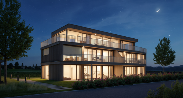 modern 2-story house, large windows, wooden facade, balconies, open landscape view