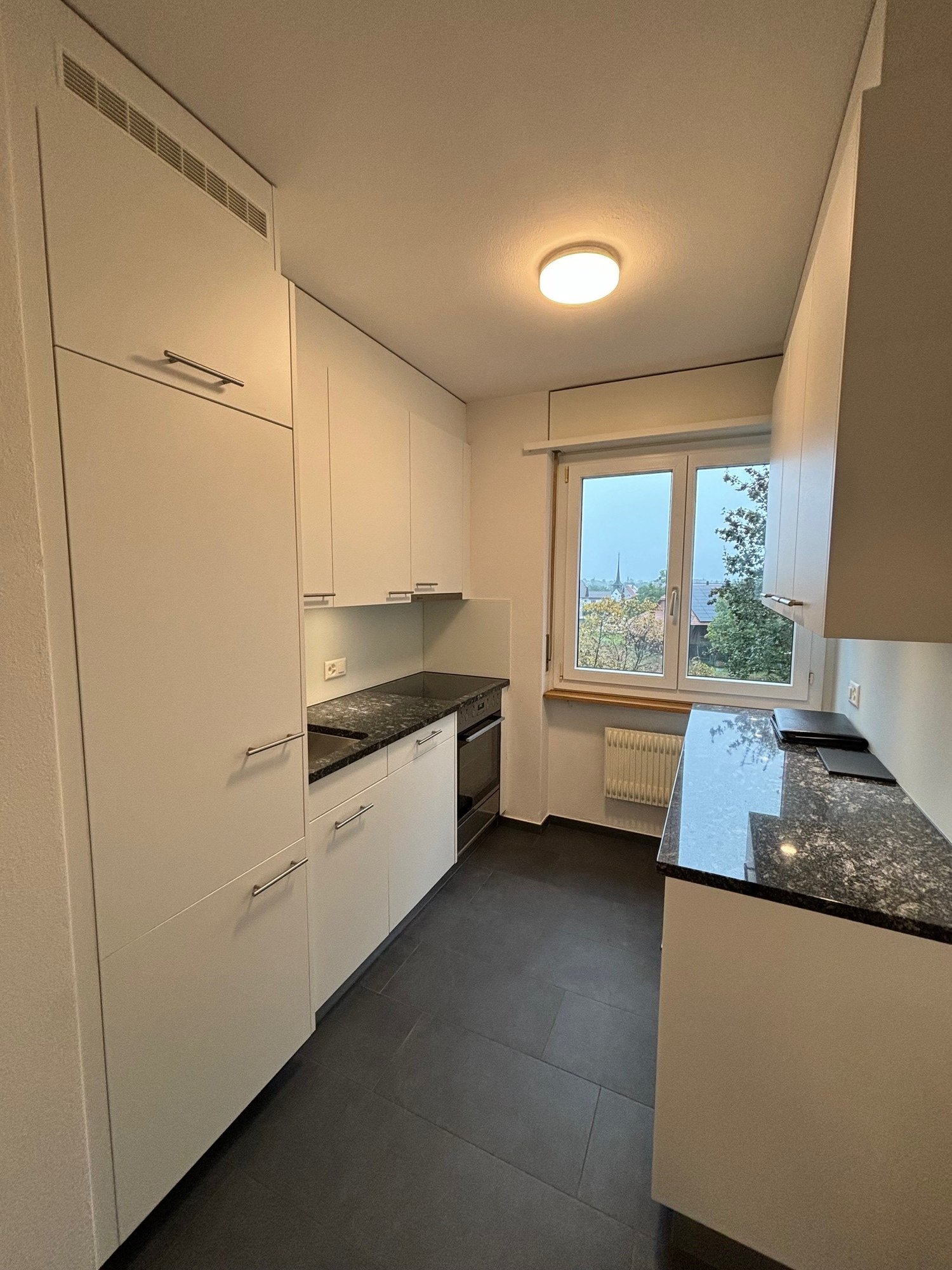 modern kitchen, white cabinets, granite countertops, modern appliances, window with view