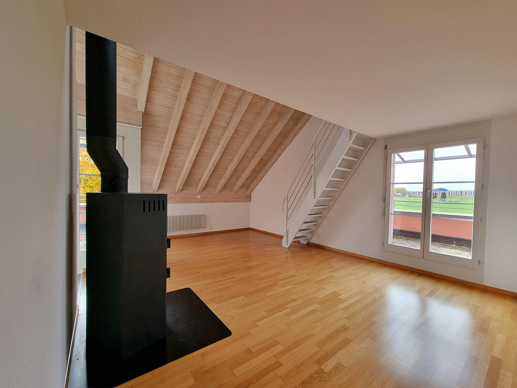 Fireplace, wooden floor, white walls, glass doors, radiator, staircase