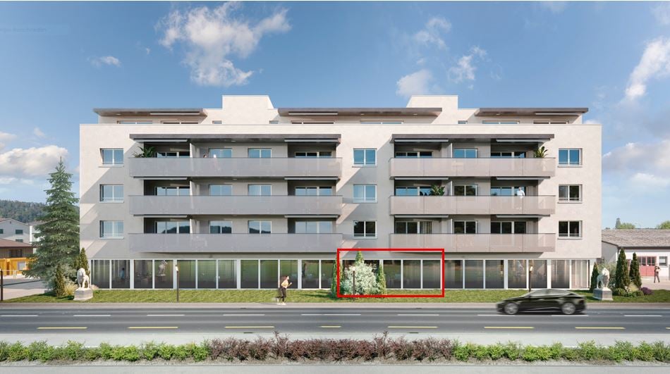 Modern apartment building, 4 floors, balconies, large windows, green lawn, trees, car driving