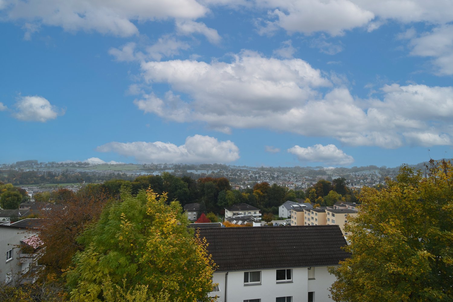 An aerial view from a raised vantage point of the buildings with a view of the city