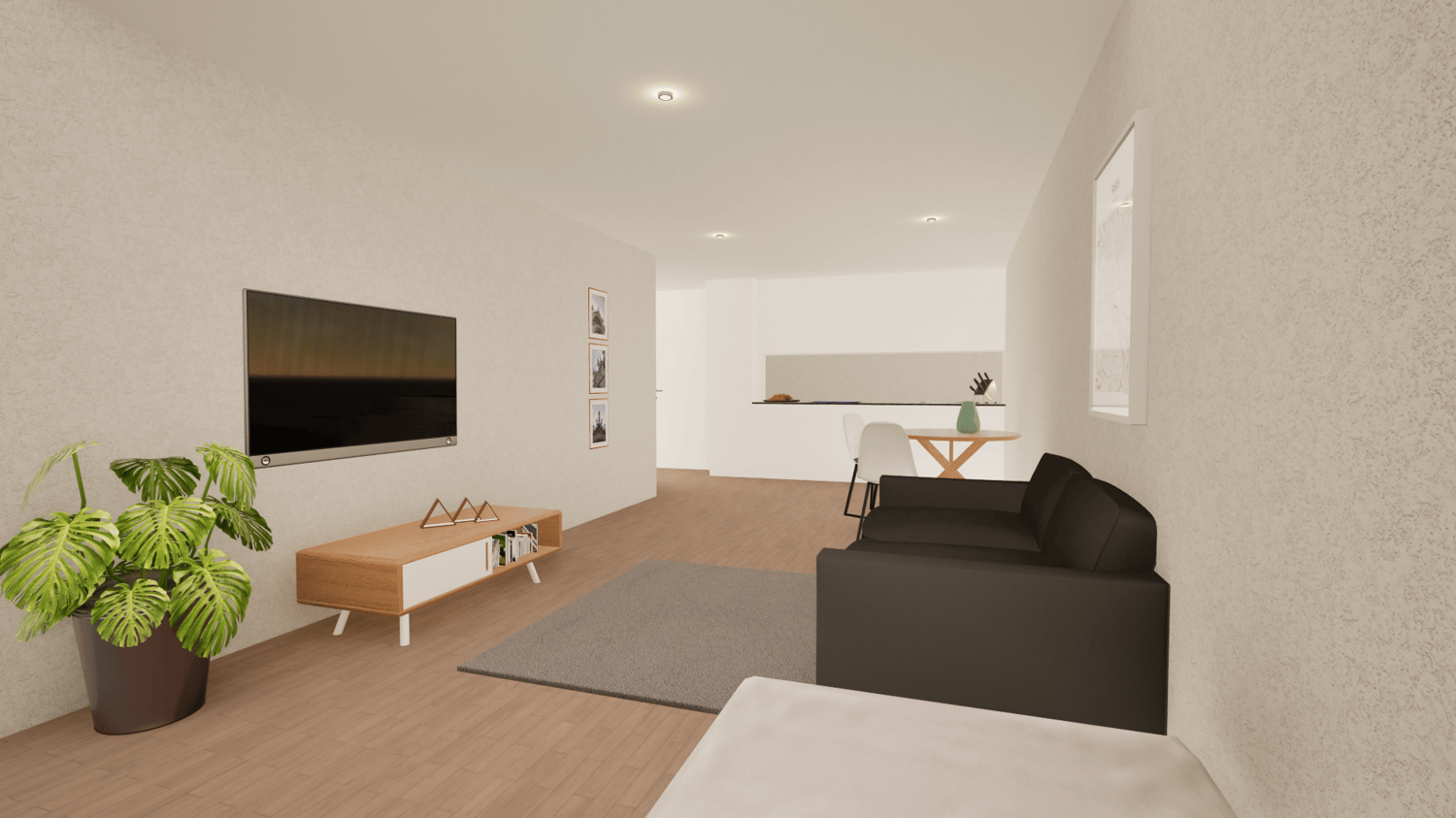 Spacious living room with hardwood flooring, white walls, large TV mounted on the wall, wooden media console, black leather sofa, dining table with chairs, and potted plants.