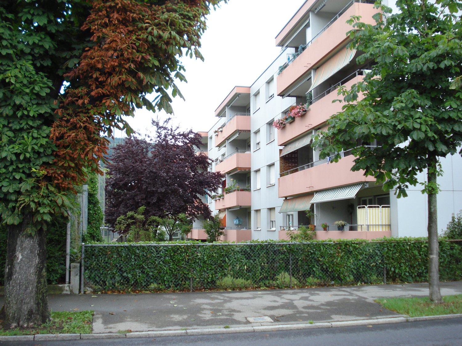 3-story apartment building, multiple balconies, brick walls, covered balconies, awnings, hedges, small trees, sidewalk, small street