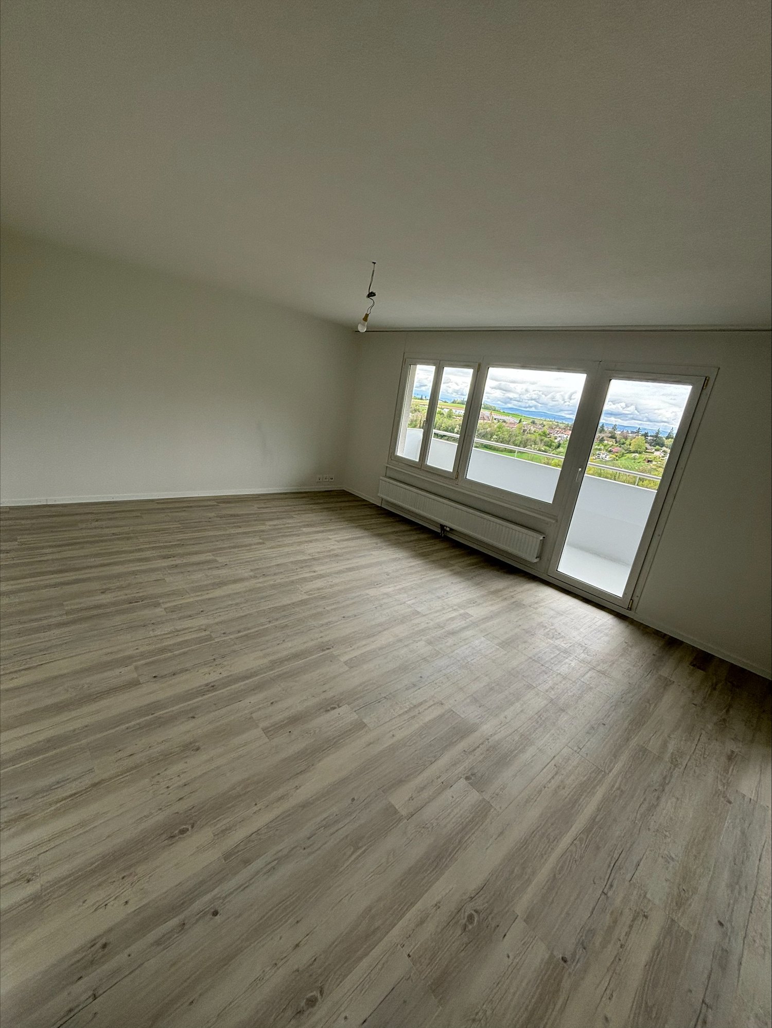Spacious room with large windows offering a scenic view, hardwood-style flooring, and a minimalist design.
