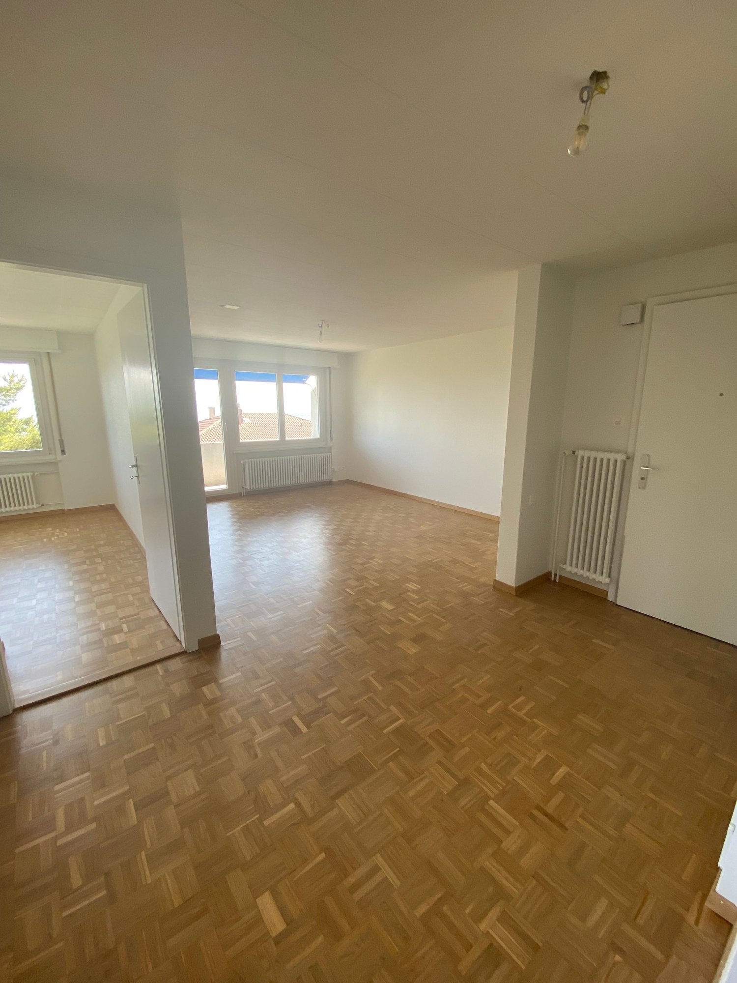 Empty room, parquet floor, white walls, windows, heaters, open door