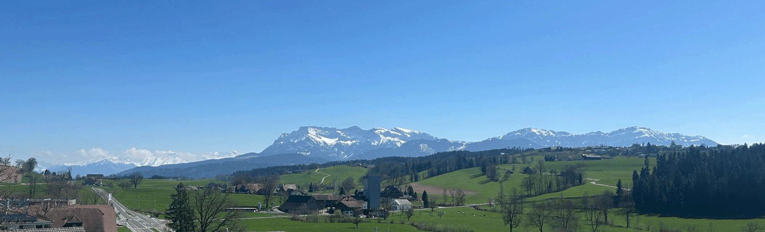 This image shows a panoramic view of a rural landscape with snow-capped mountains in the background. The foreground features rolling green hills, farmhouses, and trees. The sky is a clear blue color, creating a picturesque and serene scene.