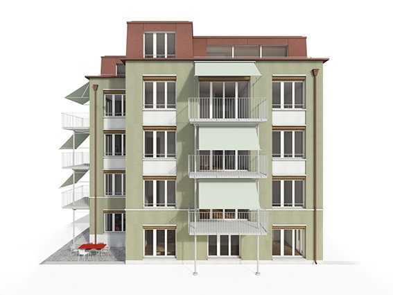 Multi-story residential building with balconies, awnings, green wall