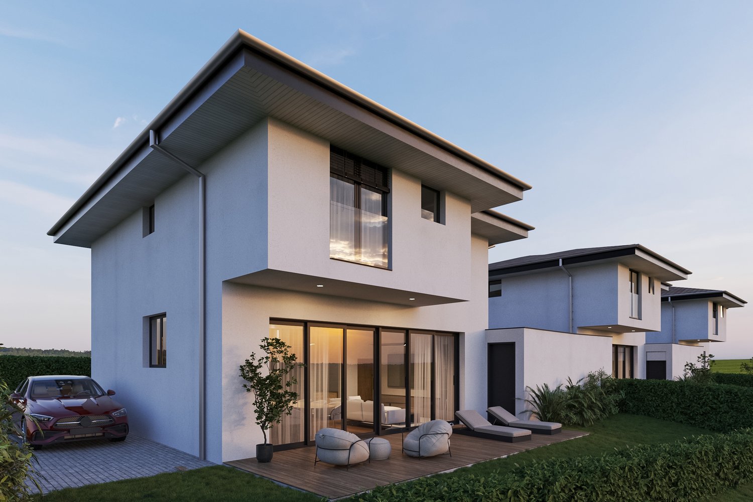 modern two-story house, white exterior, large glass doors, outdoor deck, hedge garden, car parking