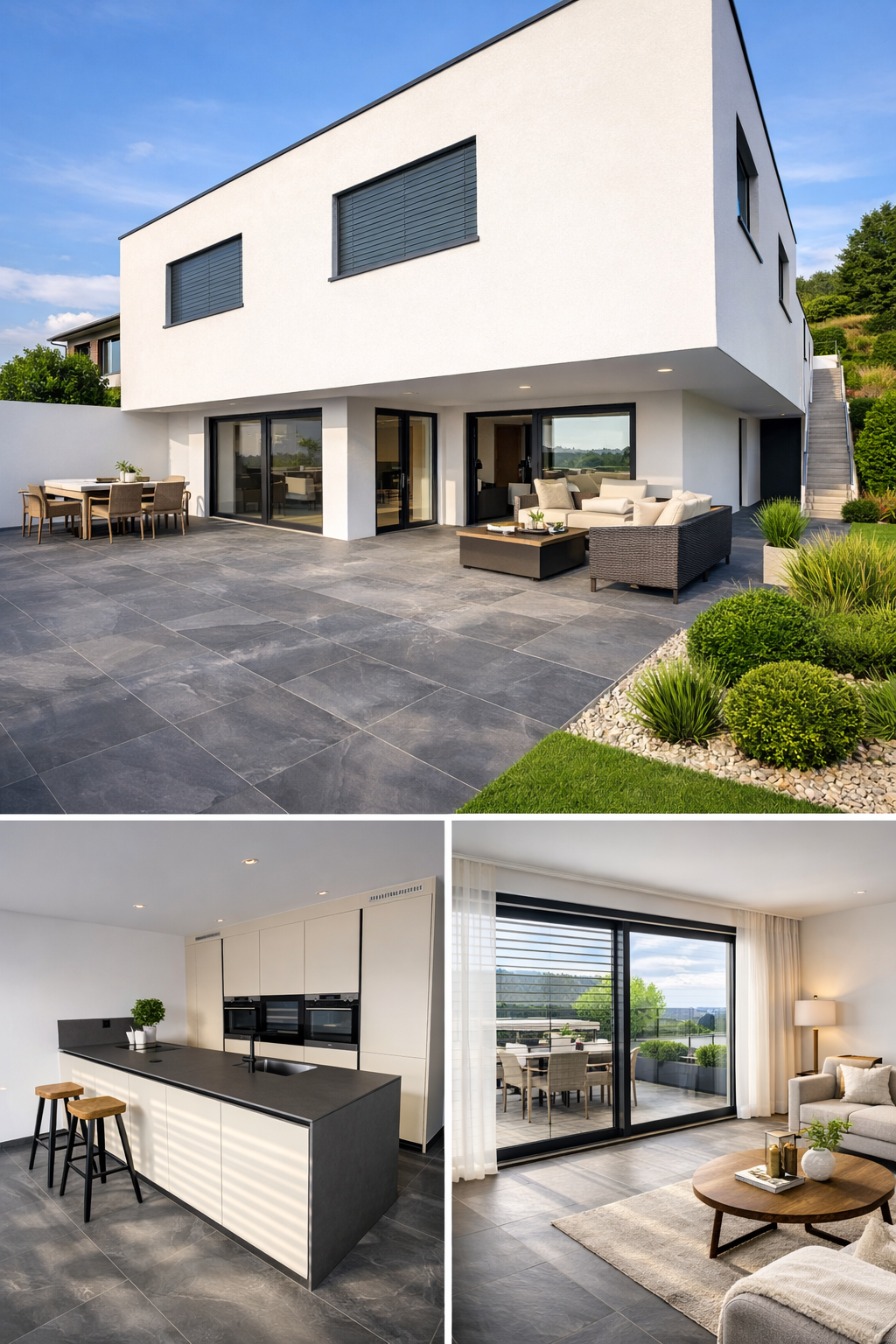 Modern white house, large windows, patio, dining table, kitchen island, balcony, sliding glass doors, view